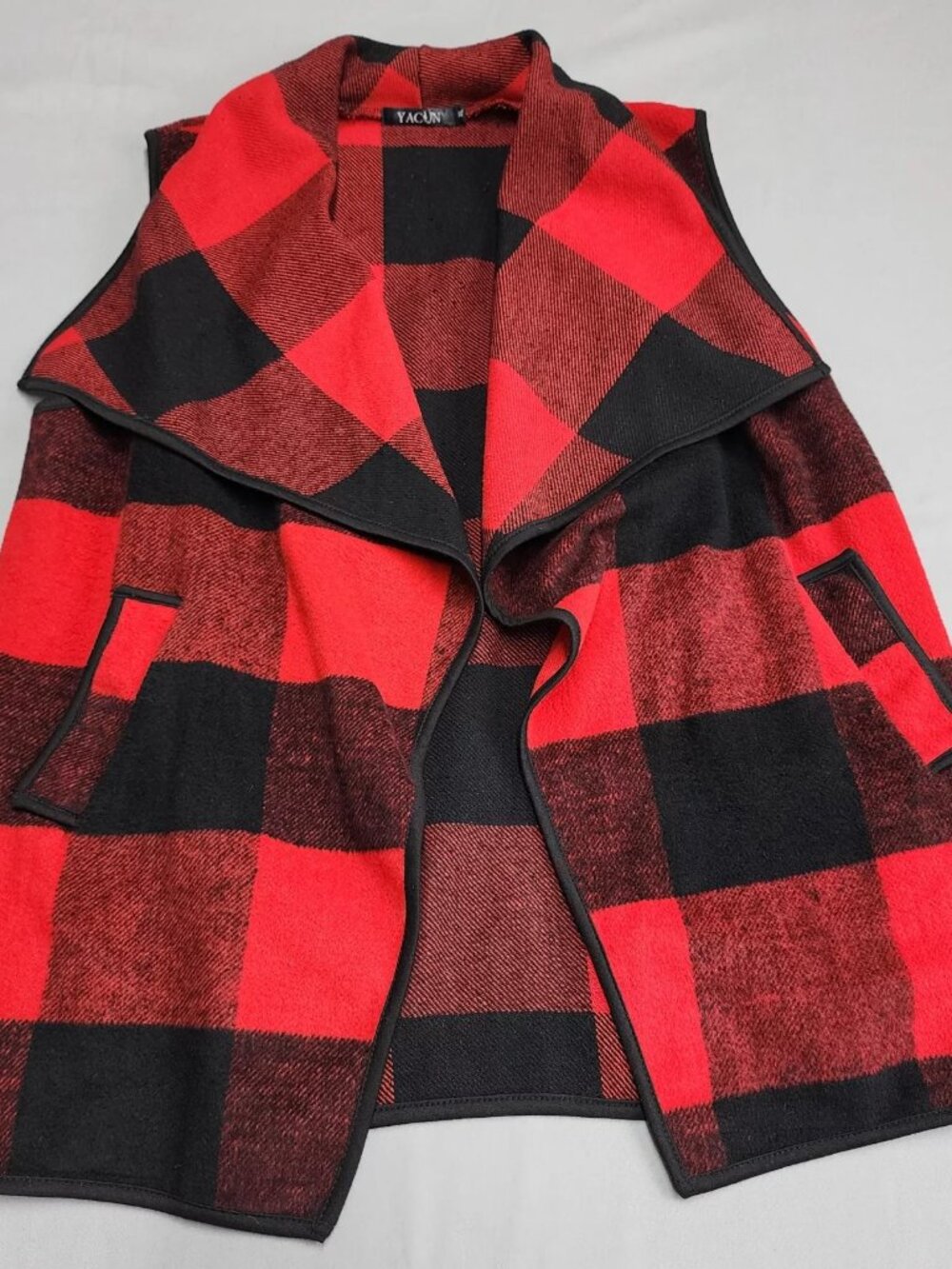 Yacun Womens Vest XL Red Black Buffalo Plaid Drape Open Front Knit Pockets